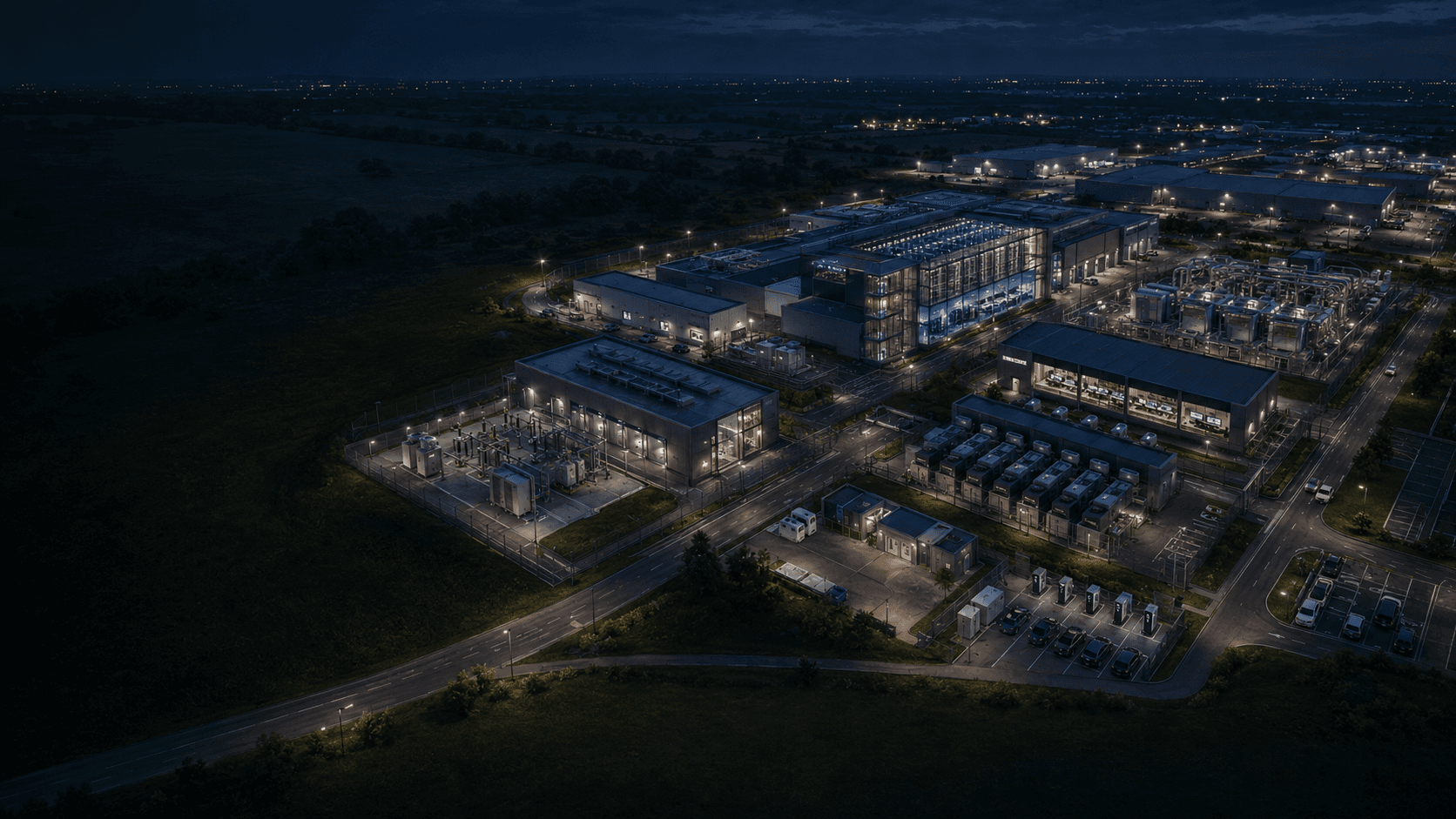 Aerial night view of a Data Centre campus showing the substation, main building, generator hall and EV charging area