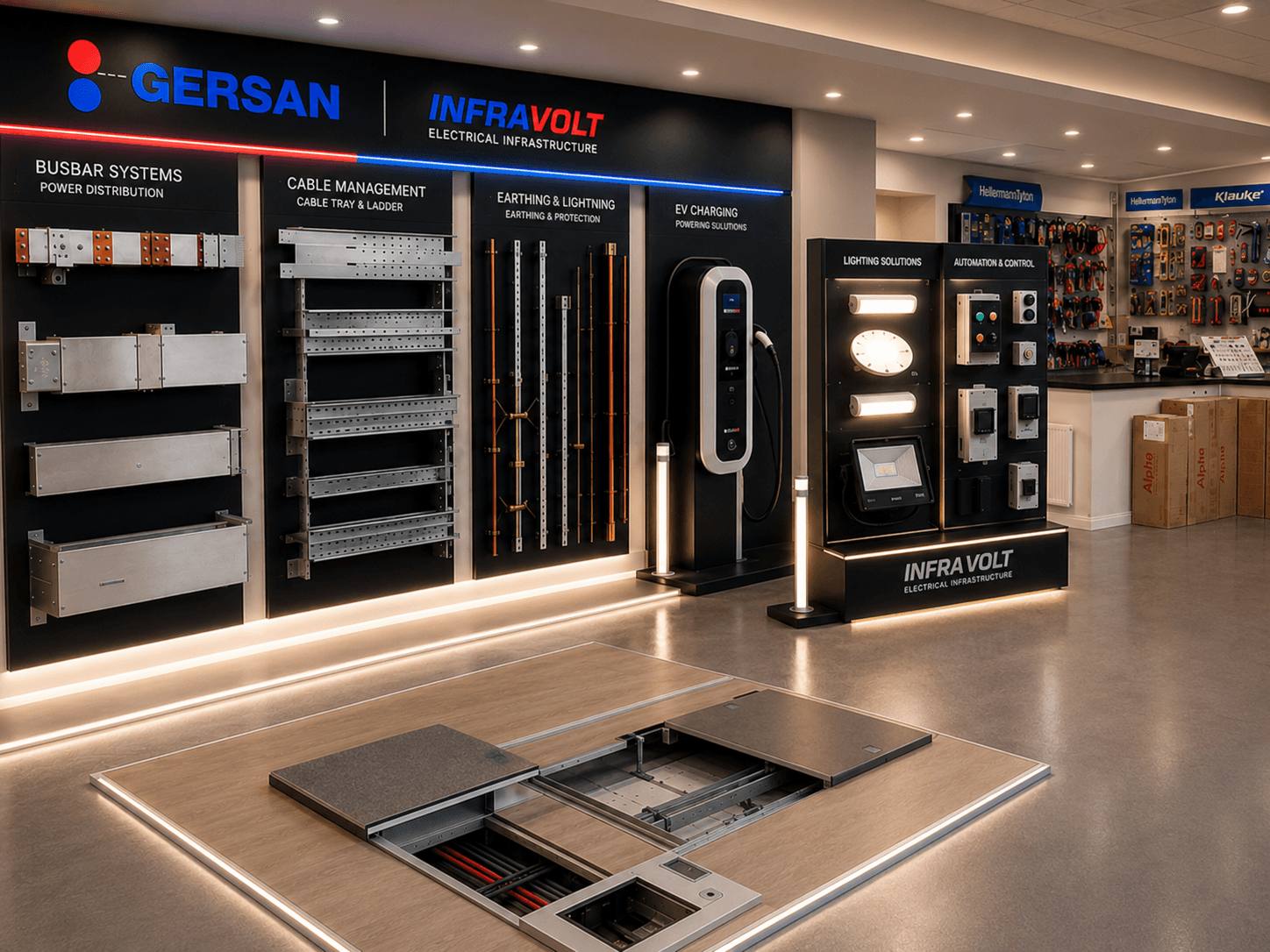 Concept visual of a Gersan and InfraVolt electrical infrastructure showroom