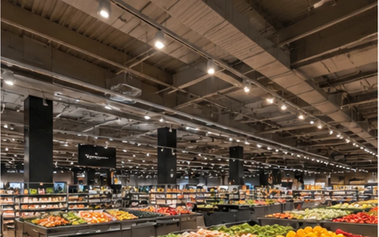 Retail interior with adaptable overhead lighting distribution