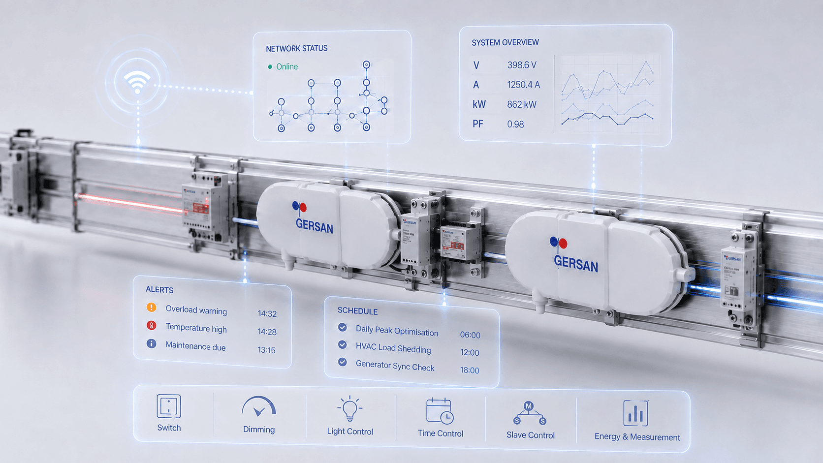 G-BUS automation dashboard overlay on a Gersan busbar with receiver modules