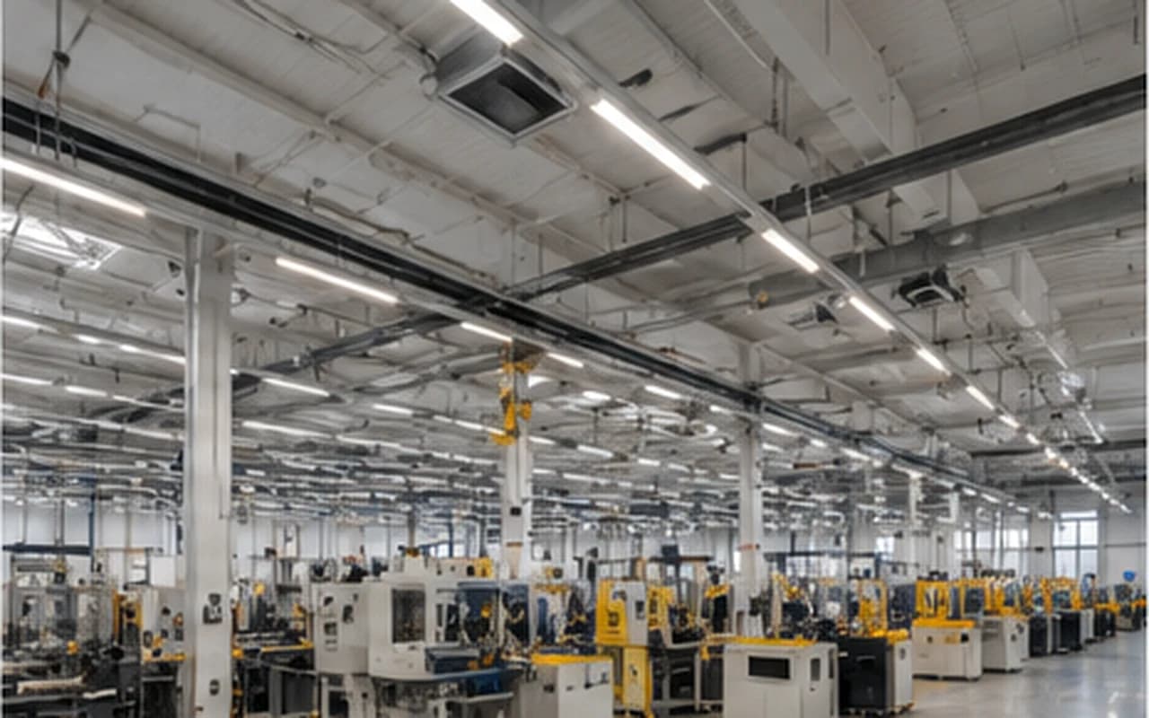 Manufacturing facility with continuous lighting above production machinery