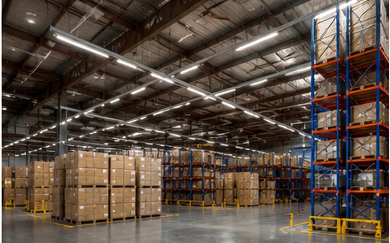 Industrial warehouse with continuous overhead lighting above storage and logistics areas