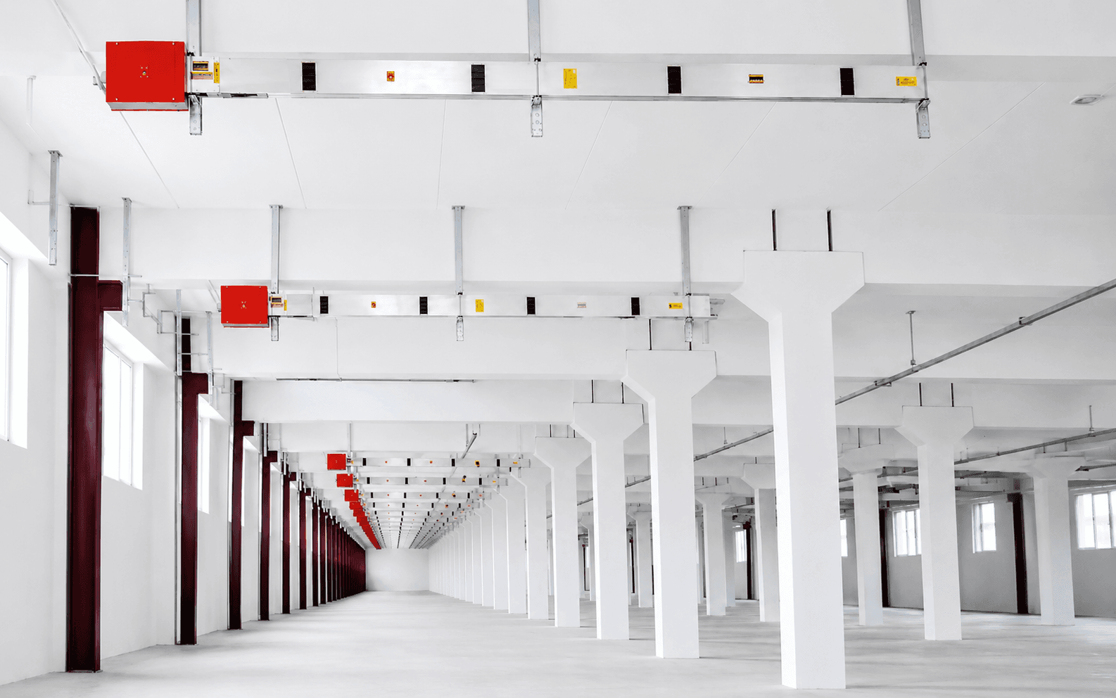 GGD busbar system overview render showing feed unit, elbow and switchboard connection
