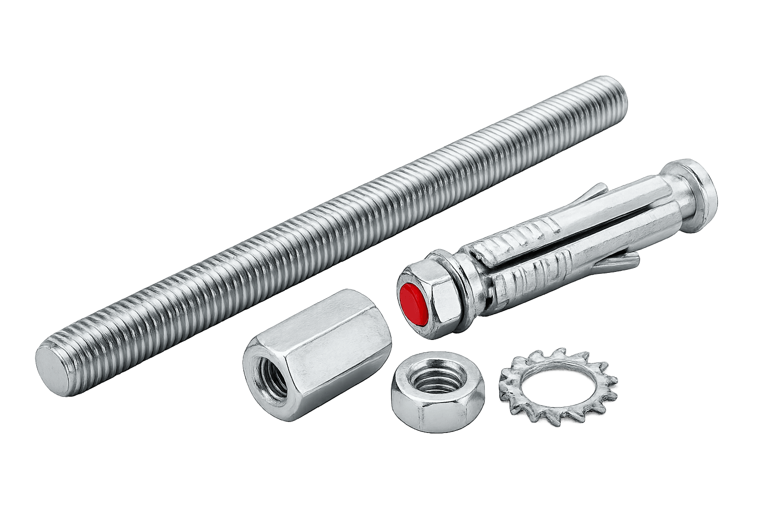 Gersan threaded rod, wedge anchor, washers and hex nuts fixing set, product photograph
