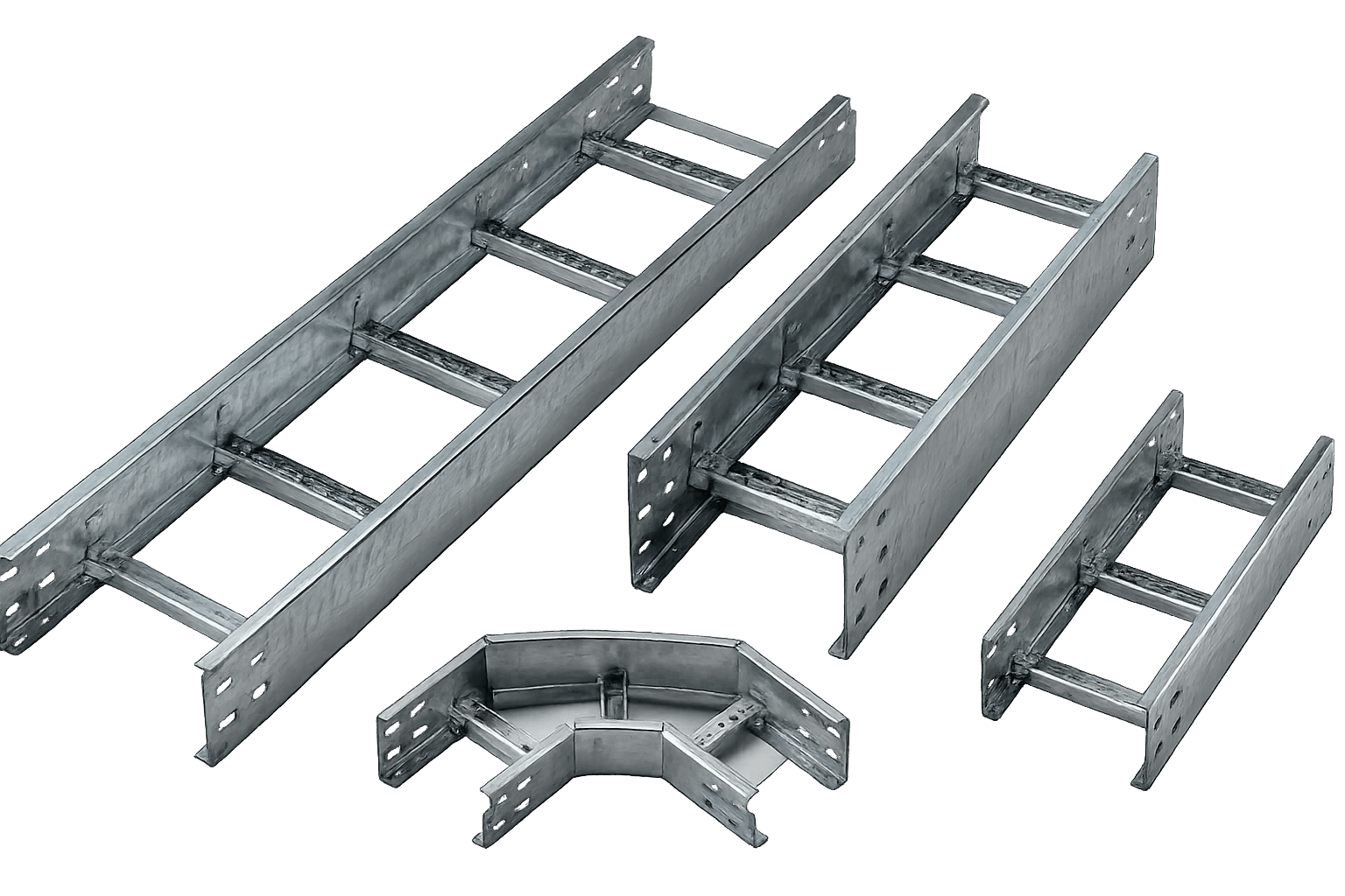 Gersan cable ladders in three widths with a horizontal bend accessory, product photograph