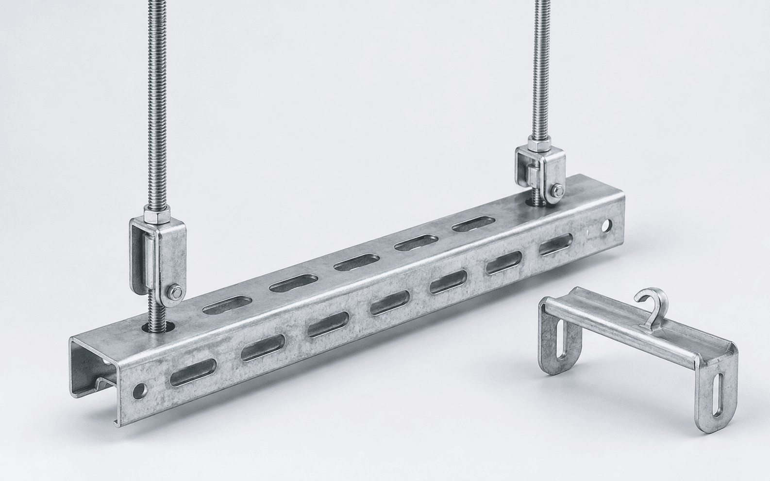 Gersan threaded-rod tray carrier suspended from a ceiling fixing, with hook accessory