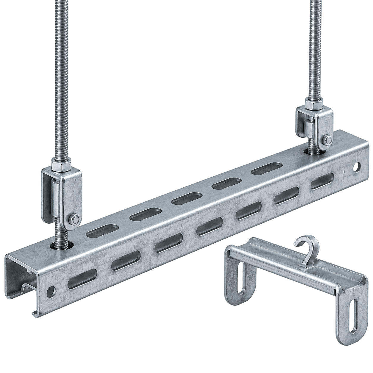 Gersan threaded-rod tray carrier suspended from a ceiling fixing, with hook accessory