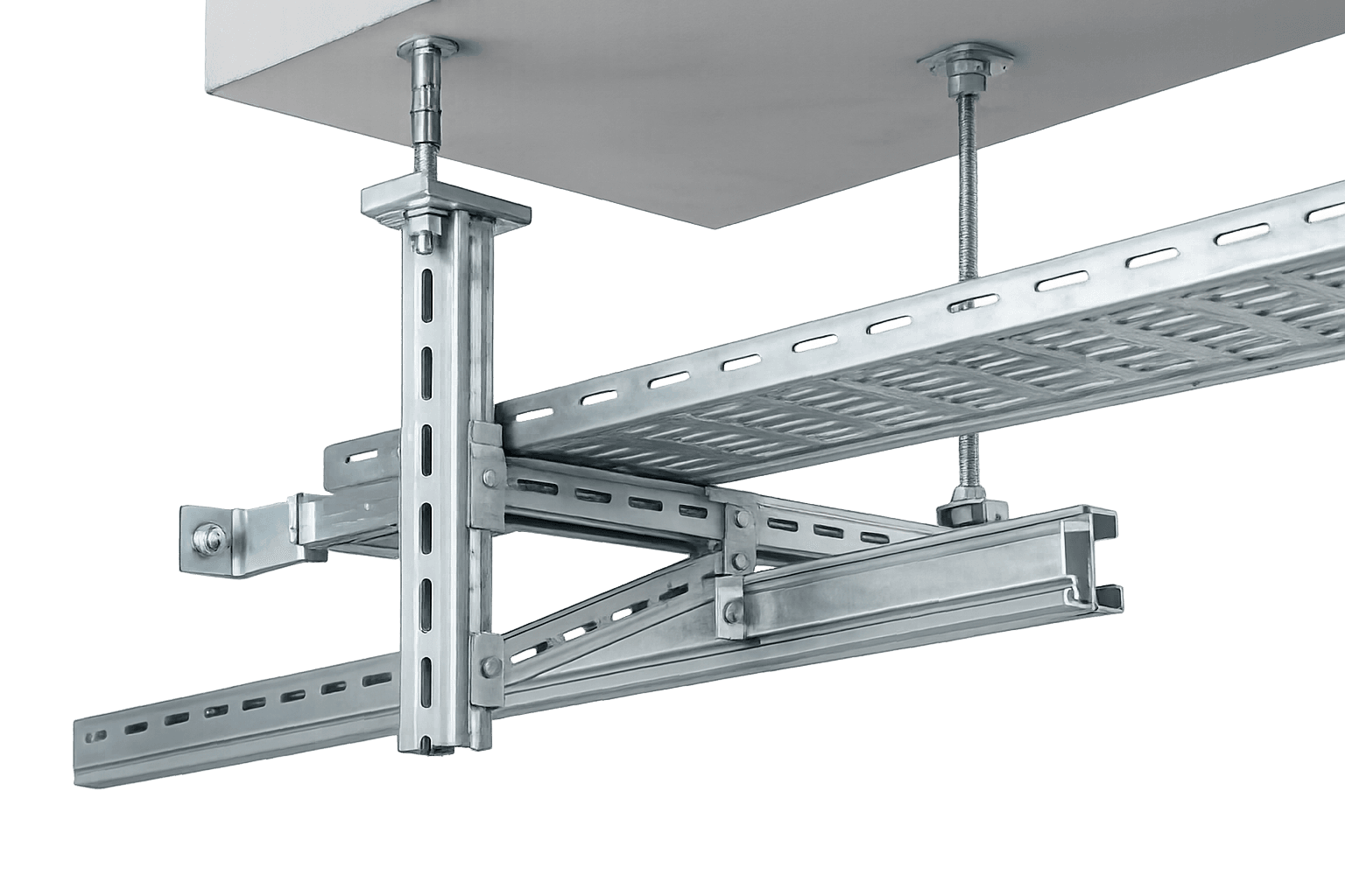 Gersan ceiling-mounted support system with threaded rods, profile and cable tray installed together