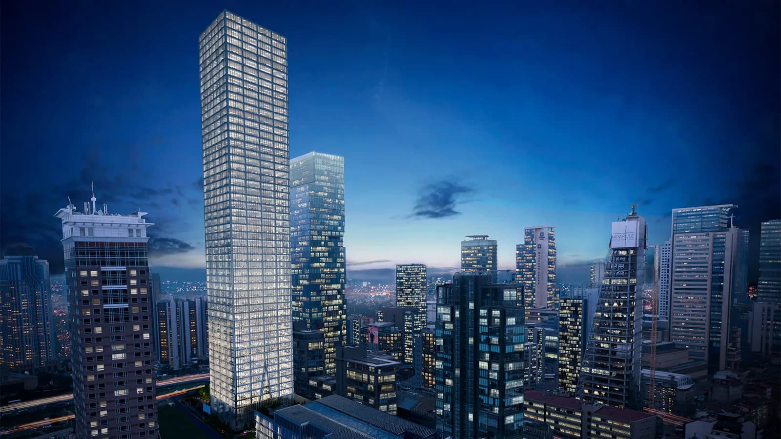 Commercial office towers at dusk