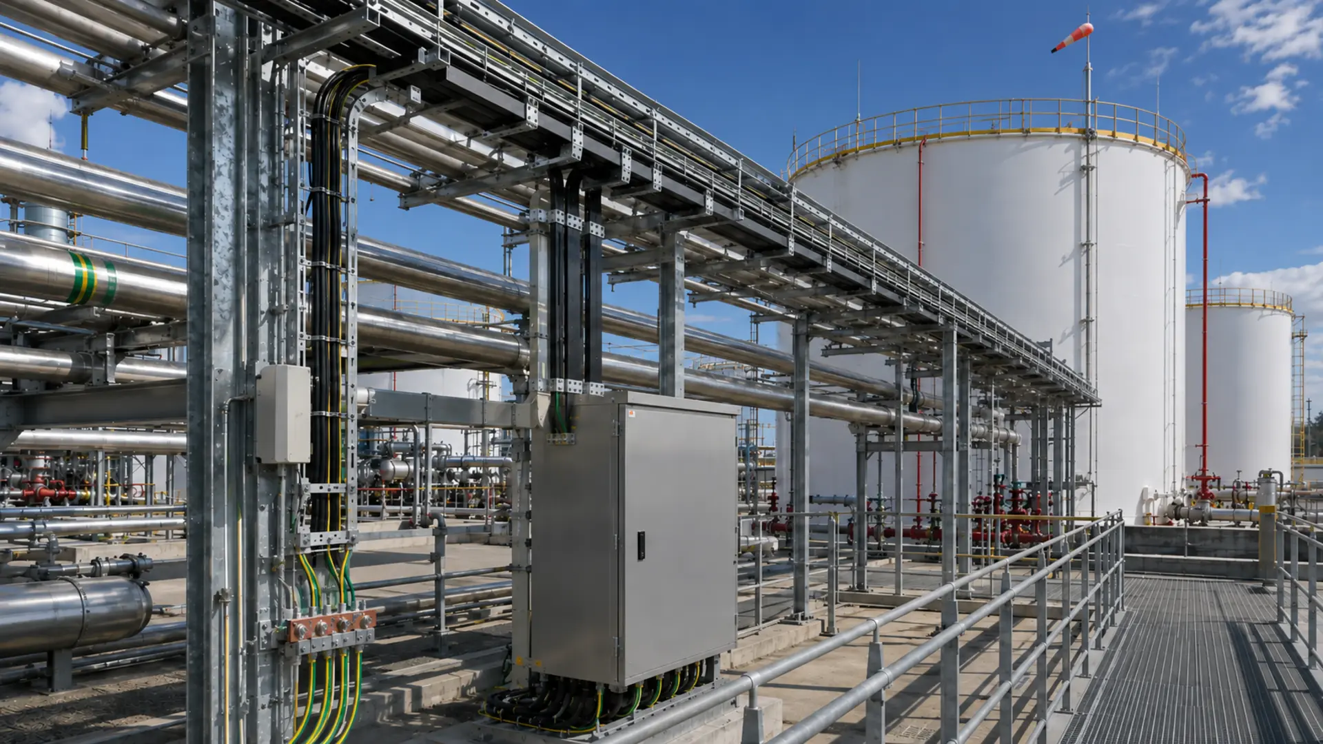 Petrochemical tank farm with elevated pipe racks