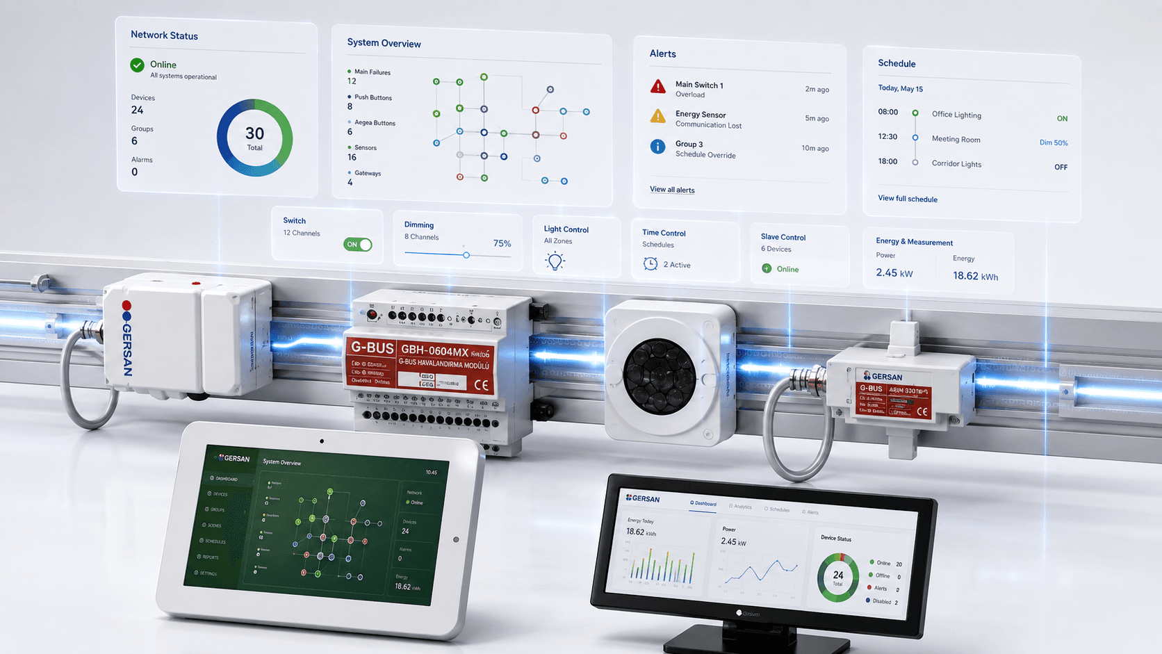 G-BUS Automation showcase with receiver modules, control panels and monitoring dashboard overlays