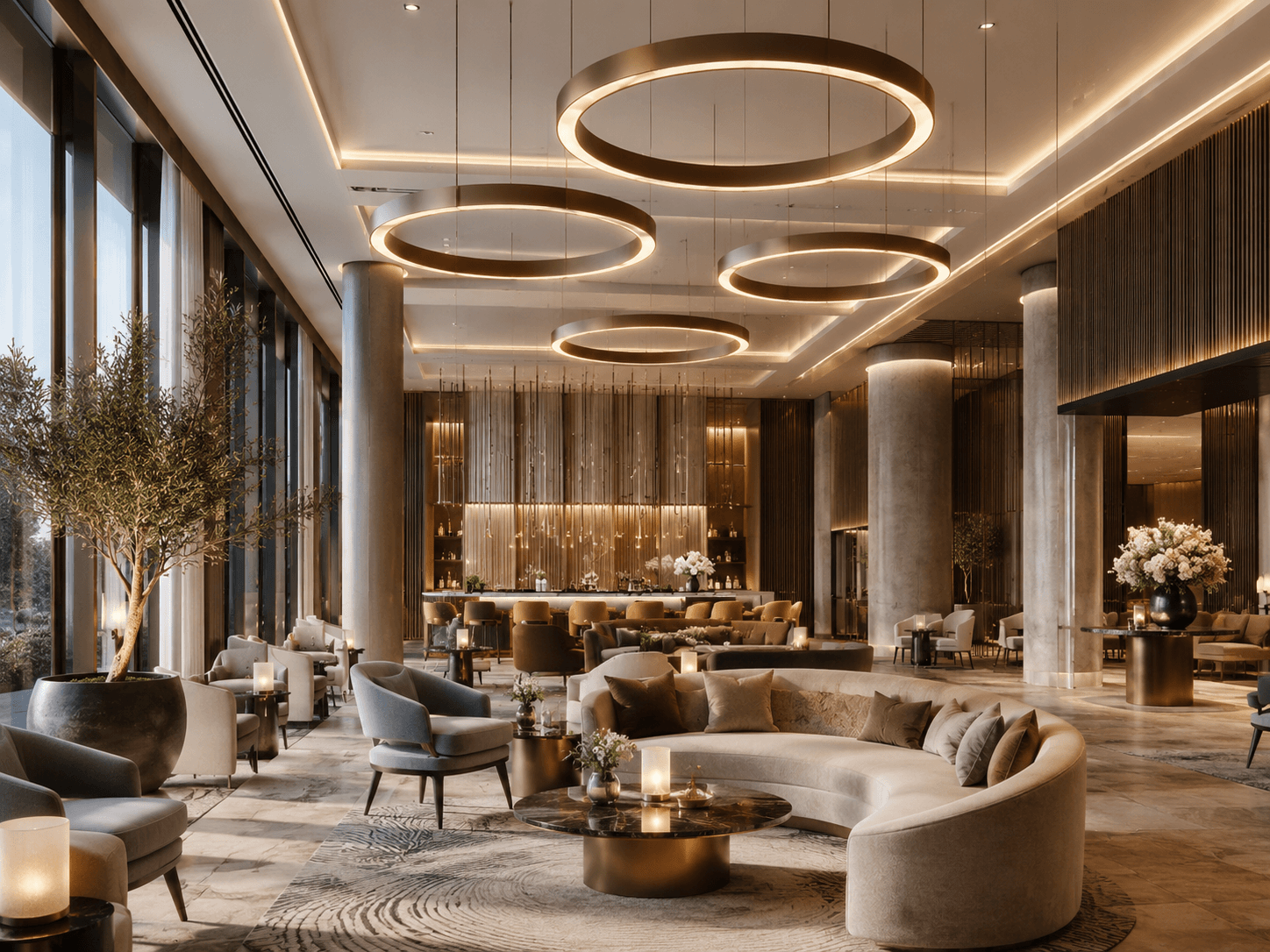Catalogue round-ring luminaires in an architectural interior