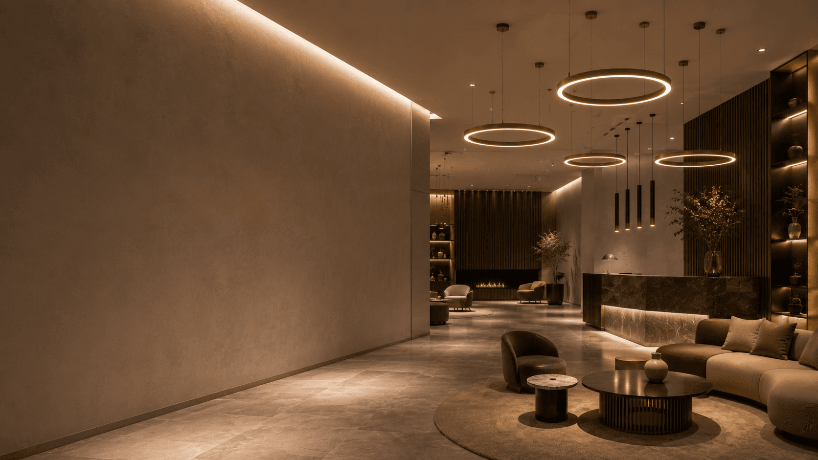 Architectural hospitality interior illuminated by decorative ring luminaires