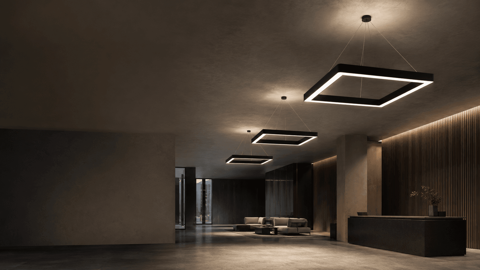 Architectural interior illuminated by decorative rings