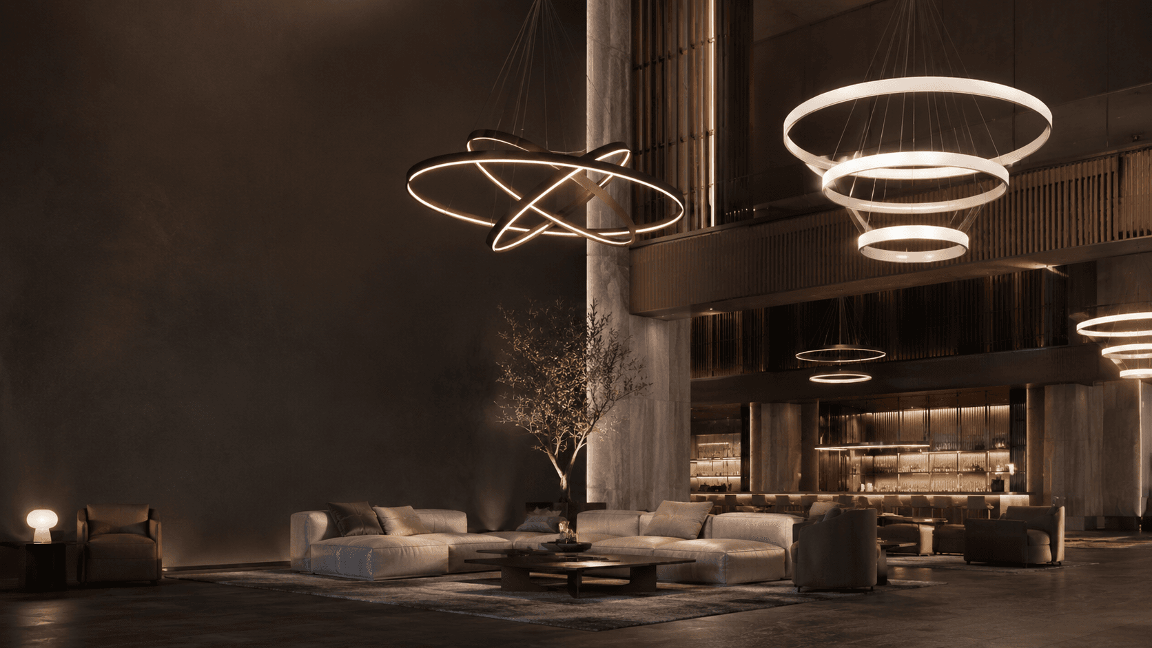 Architectural interior illuminated by decorative rings
