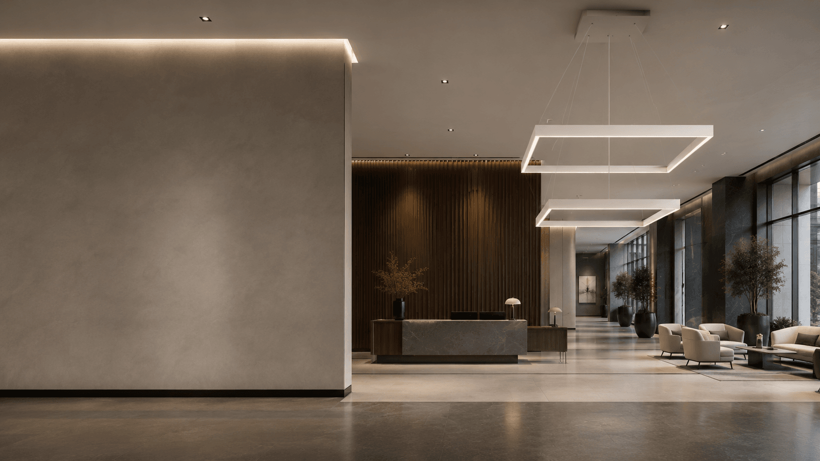Architectural interior illuminated by decorative rings
