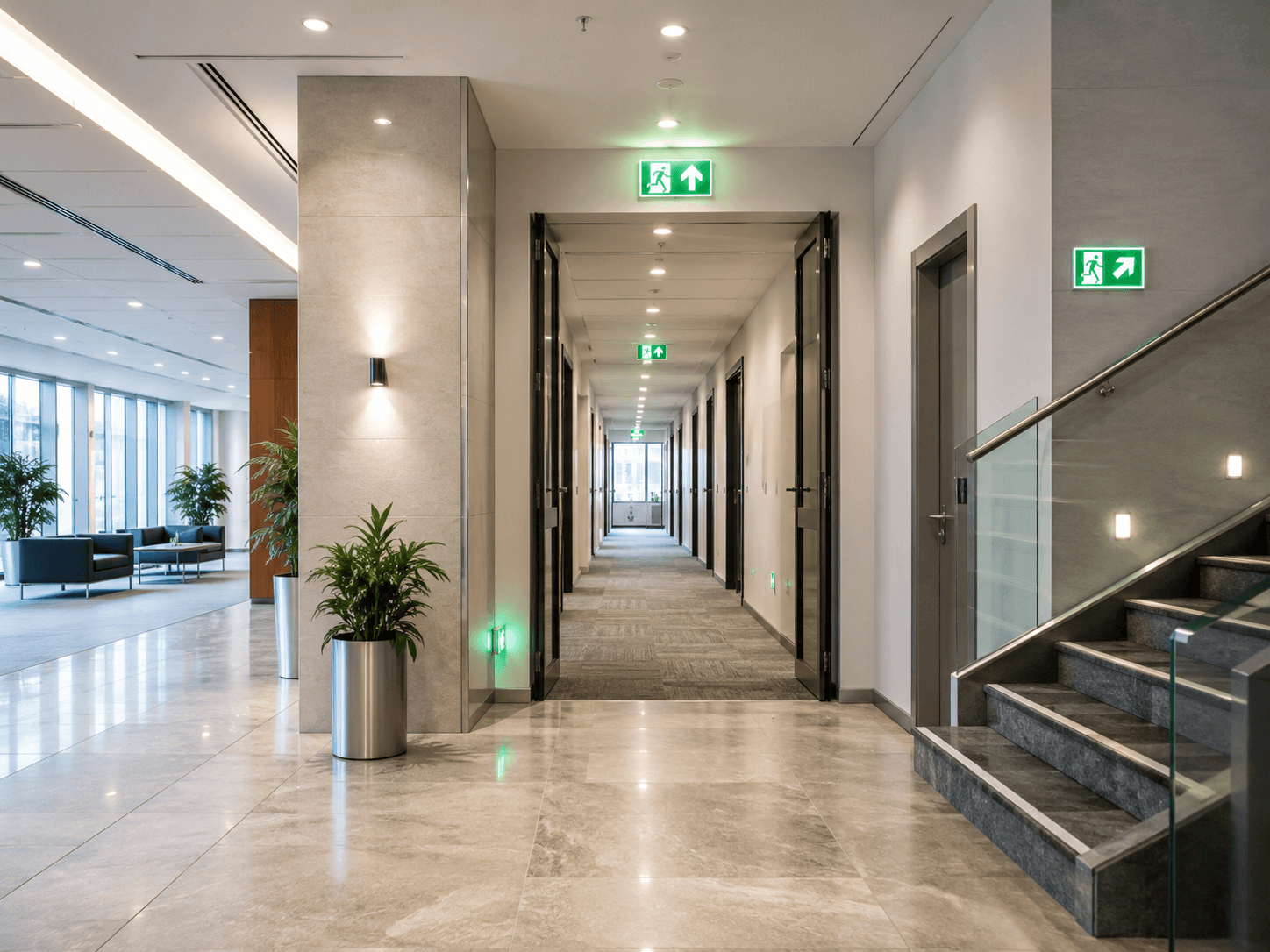 Exit guidance sign in a commercial-building corridor