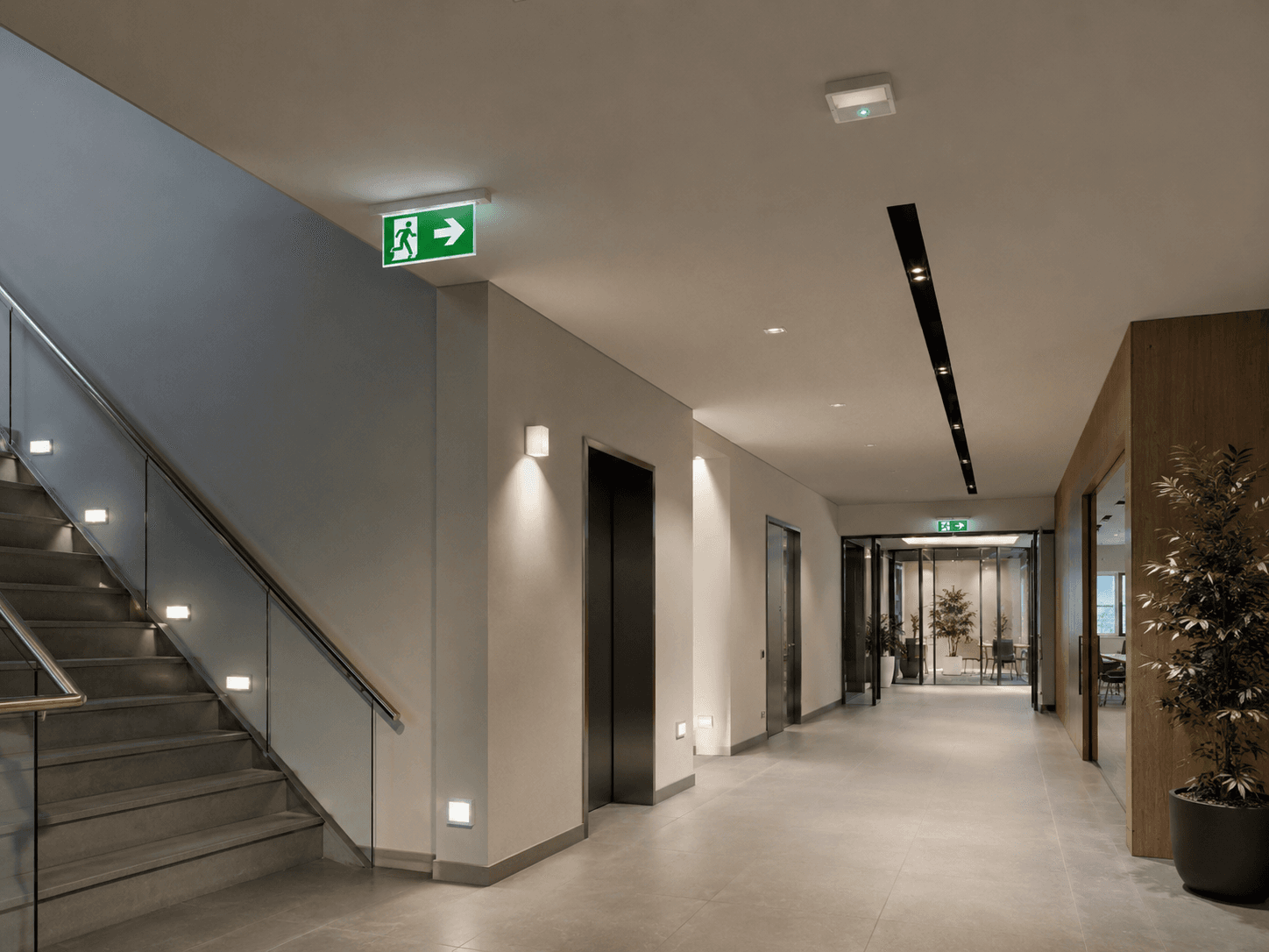 Exit sign in a commercial office corridor