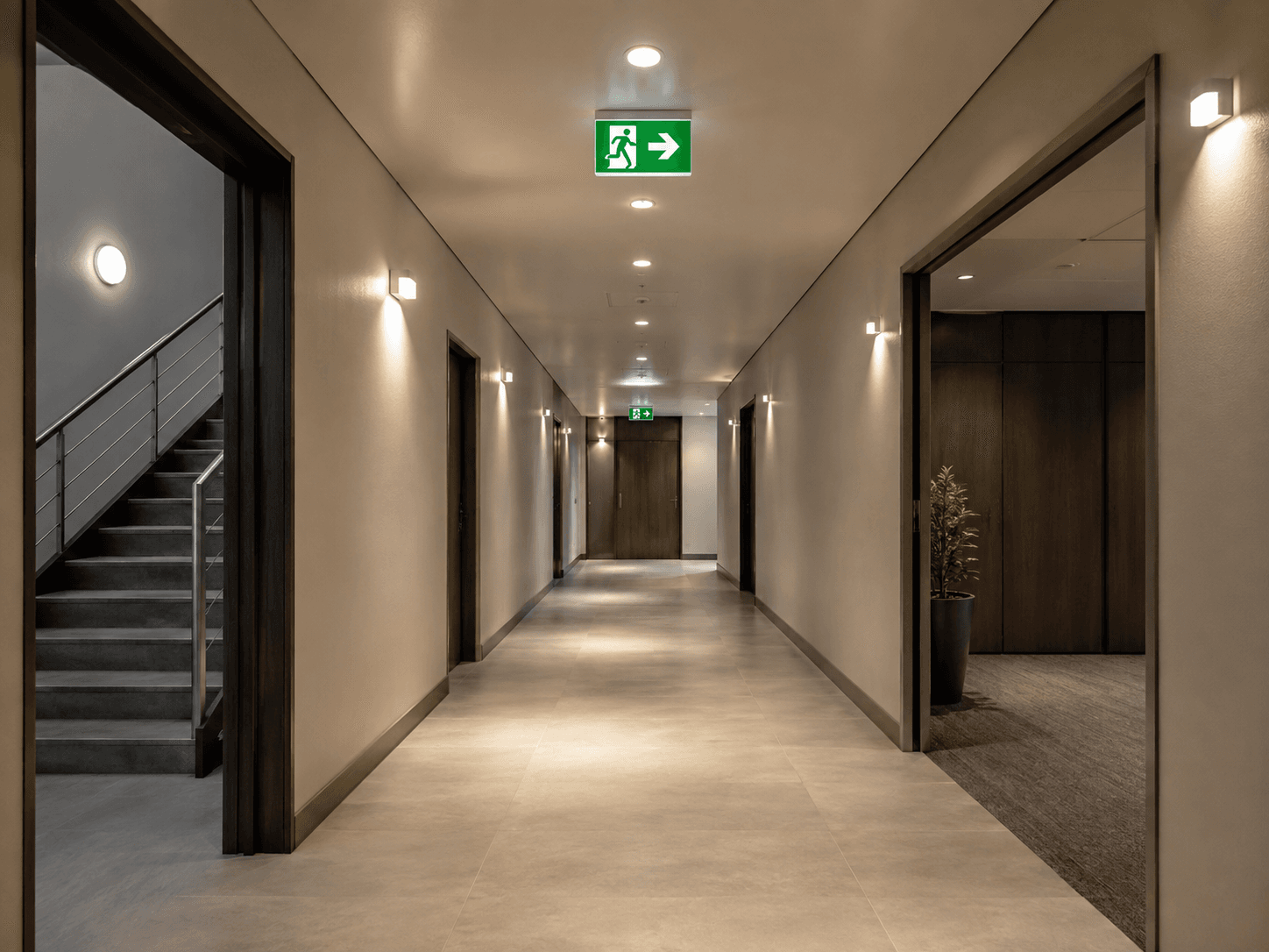 Illuminated exit sign guiding along a corridor and stairwell