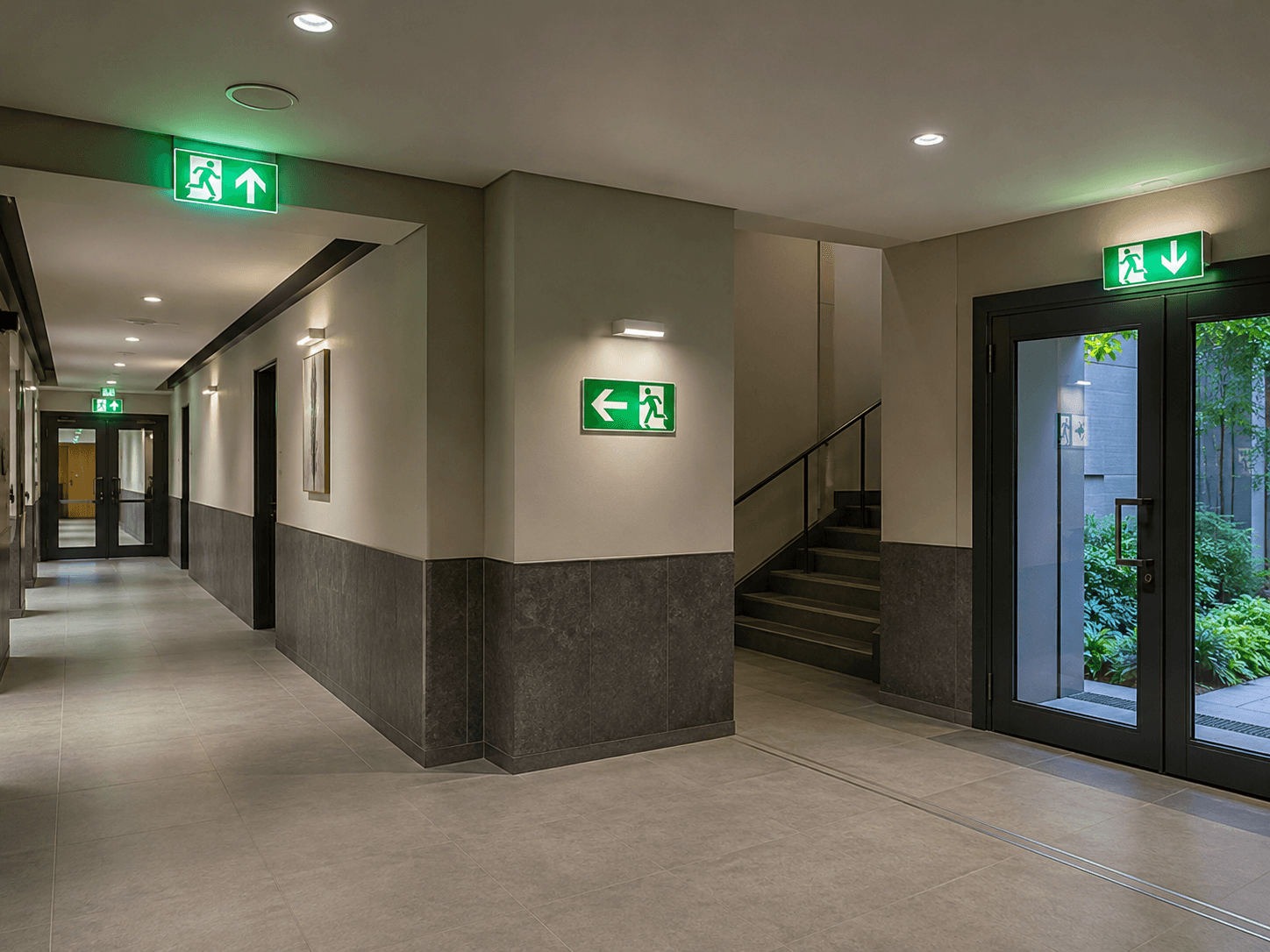 Directional exit signs at a corridor junction and exit door