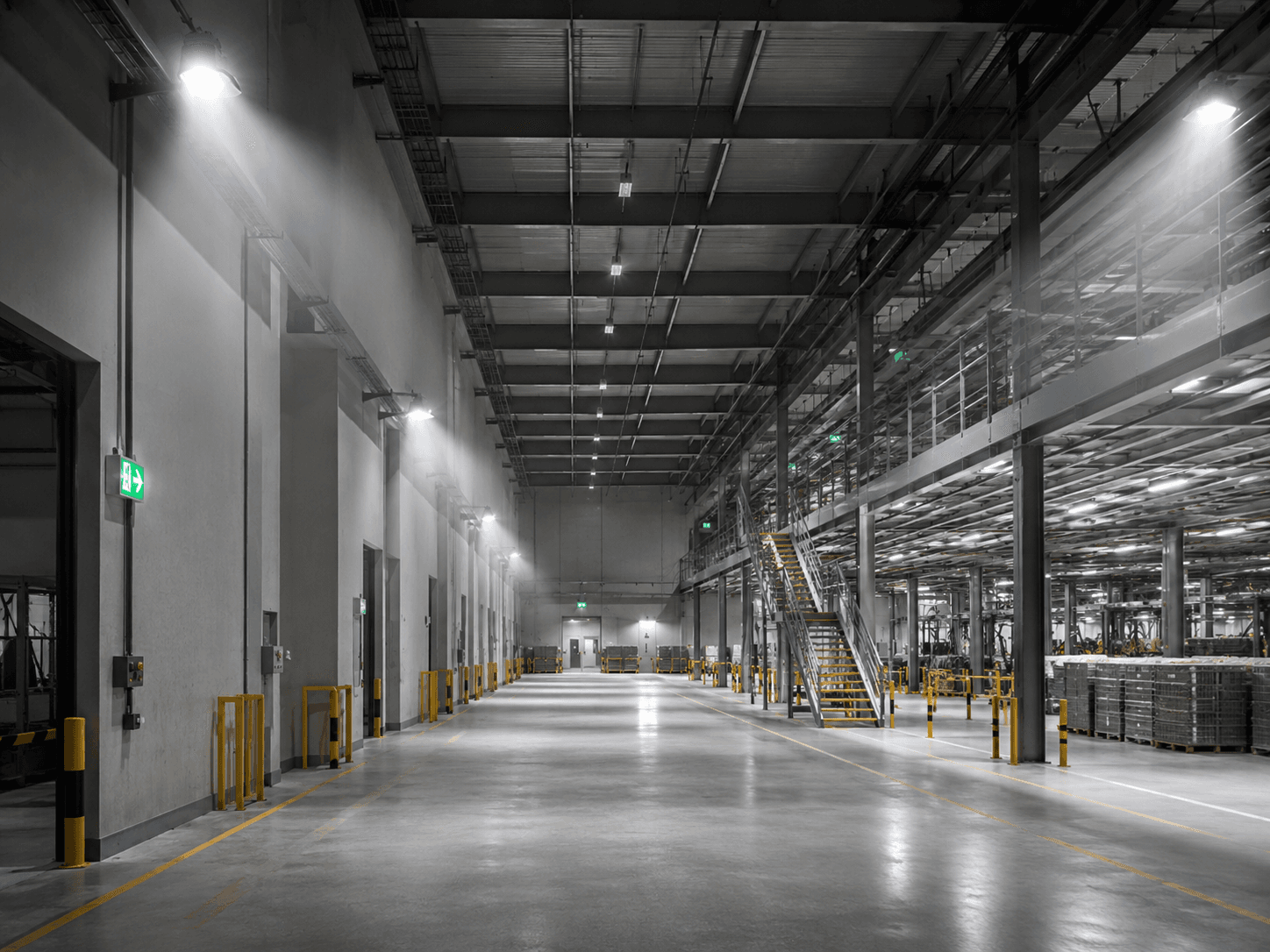 Emergency exit lighting in a large warehouse or industrial hall