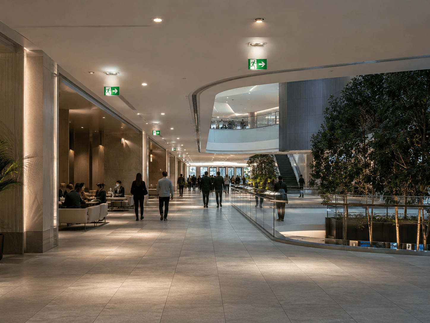 Exit signage in a large open public building atrium