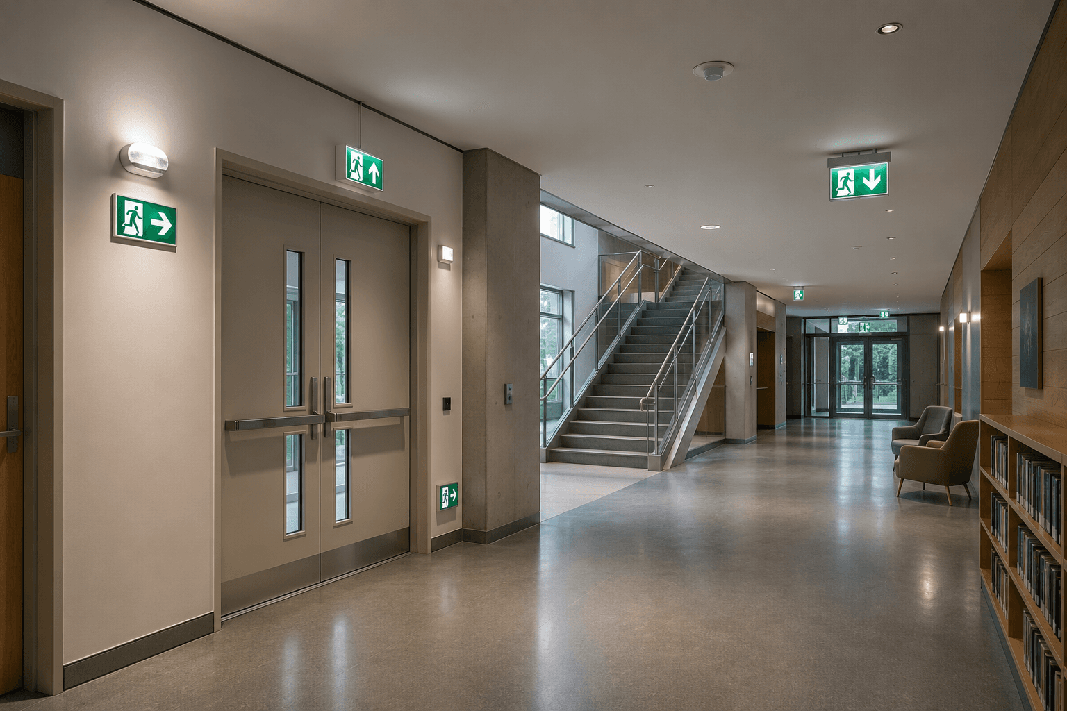Exit guidance sign in a public-building corridor