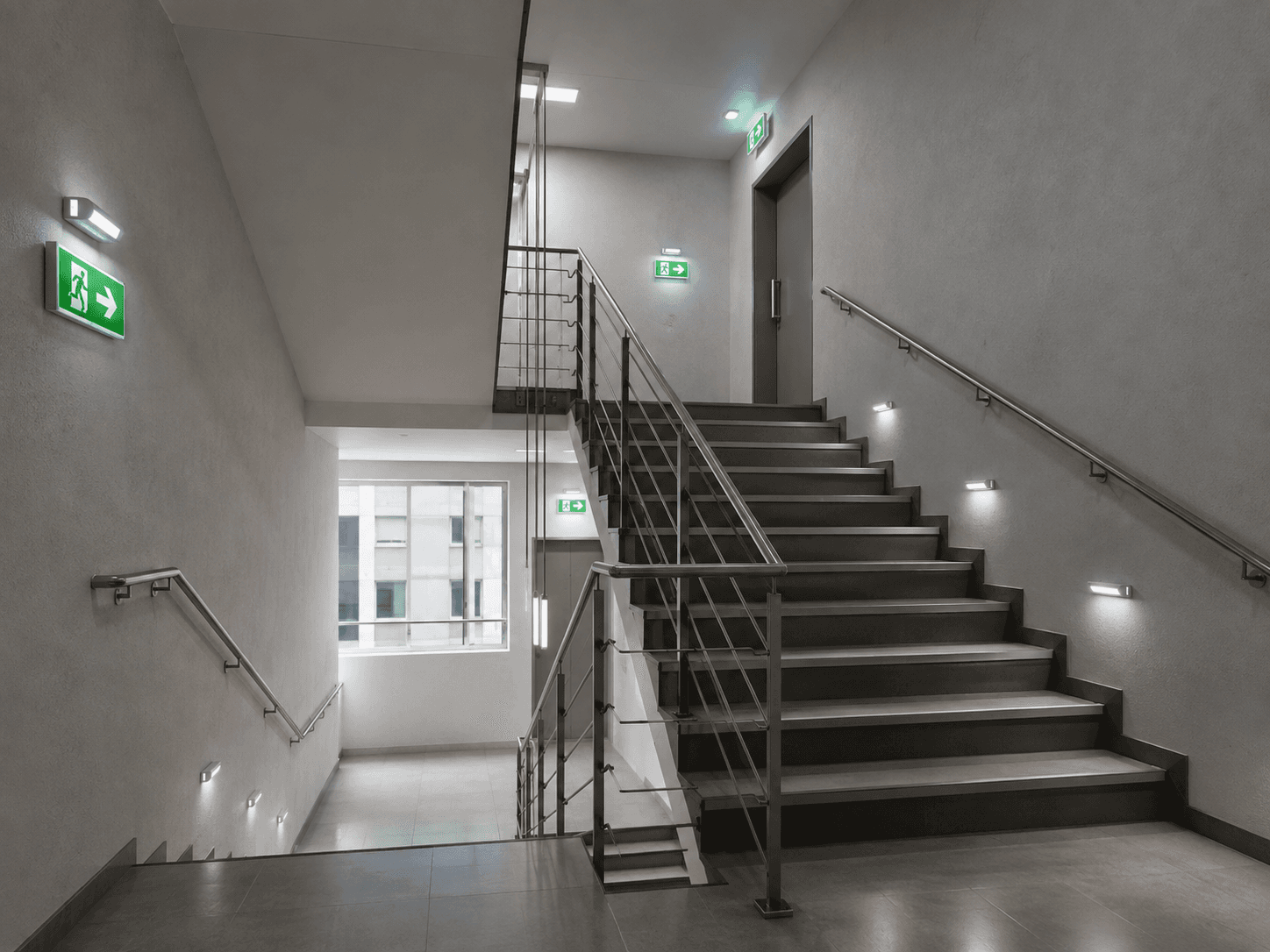 Exit signs and emergency lighting on a stairwell