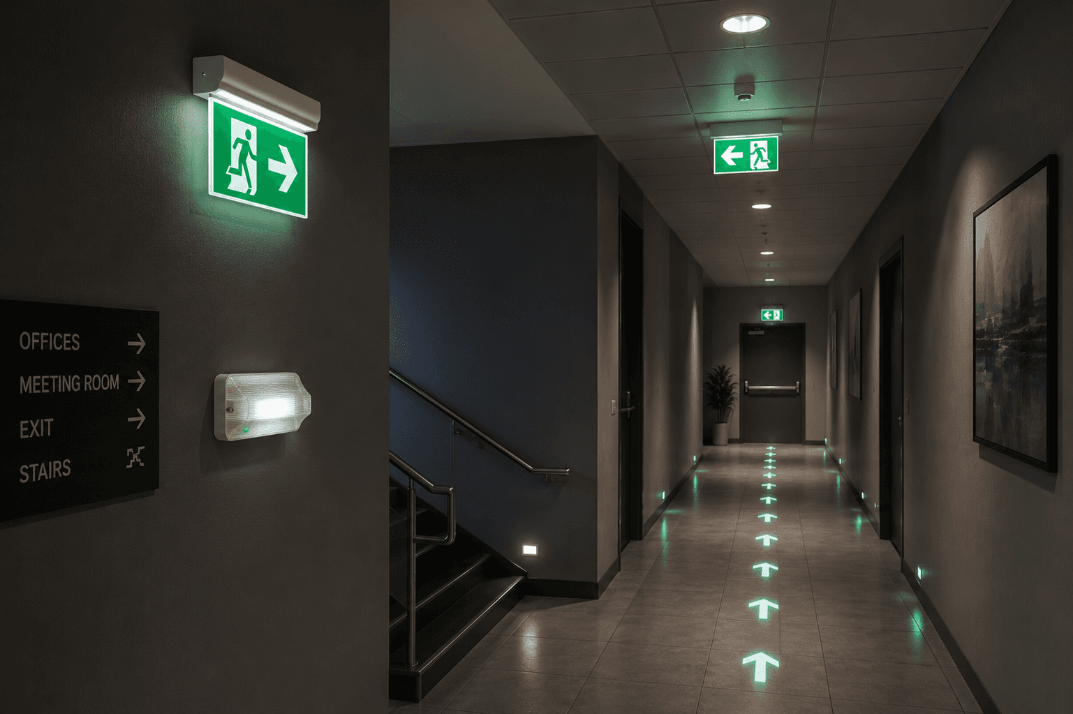 Emergency exit guidance and route lighting in a public-building corridor