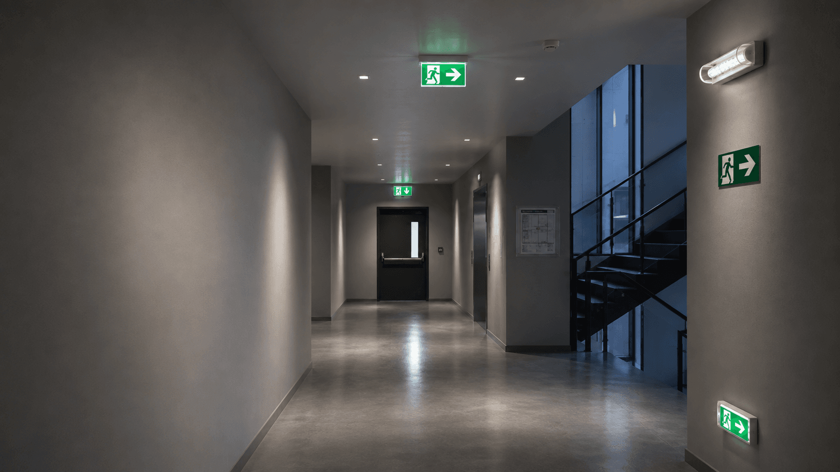 Professional building corridor with illuminated emergency exit guidance and emergency lighting
