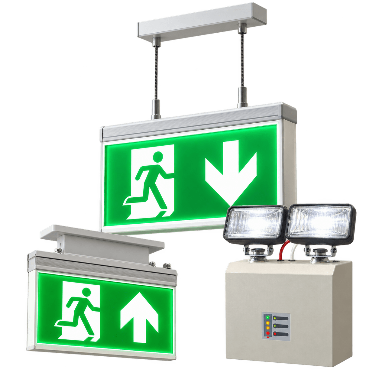 ARL and LPL emergency exit signs with an ELH emergency spotlight