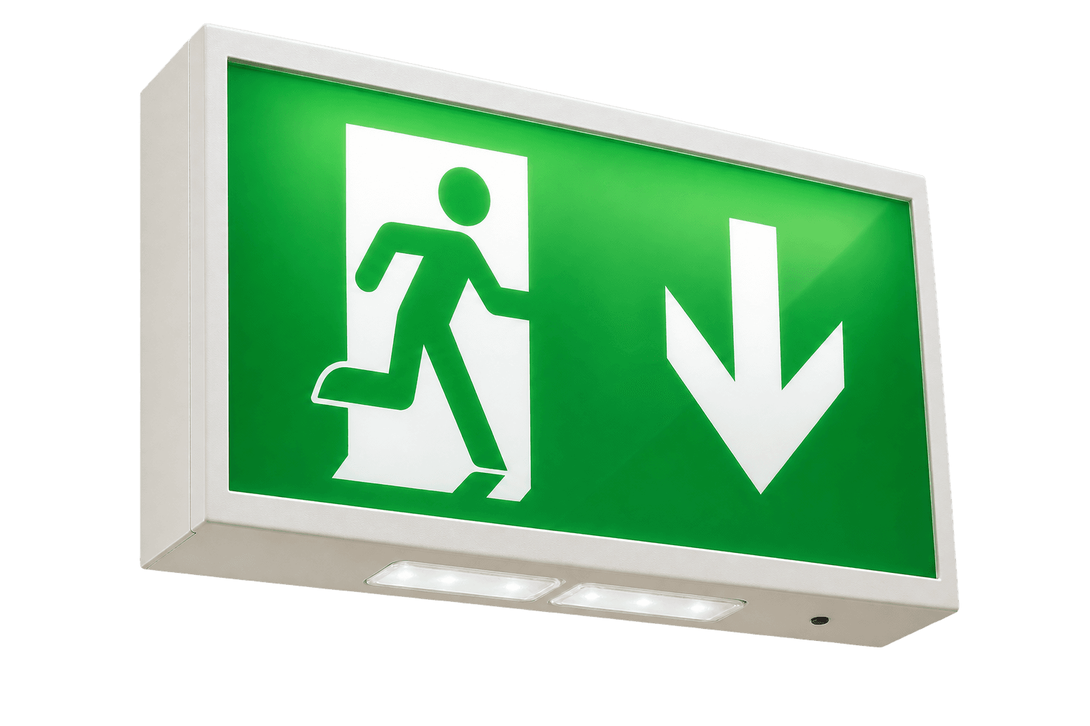 ARL LED exit sign, illuminated green pictogram with wall and ceiling mounting diagrams
