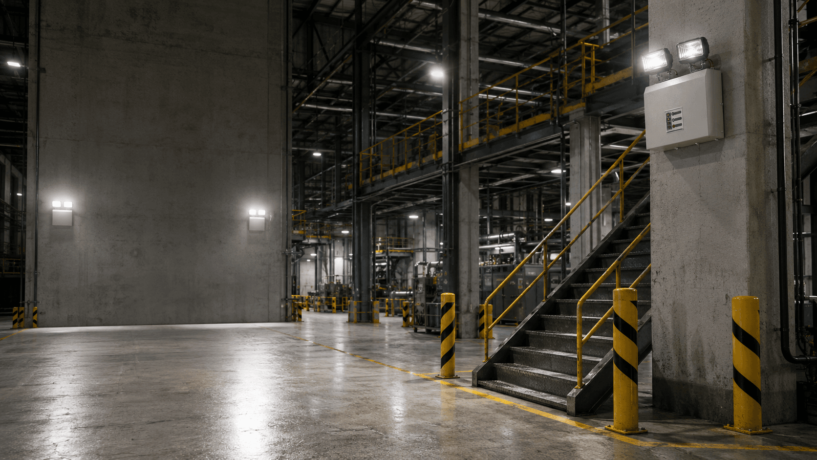 Professional building corridor with illuminated emergency exit guidance and emergency lighting