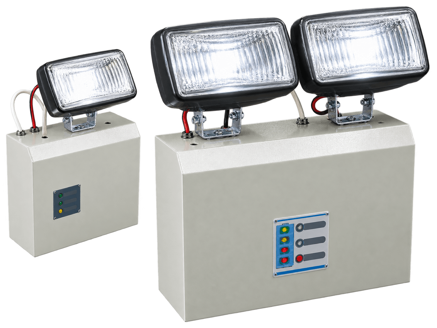 ELH high-output emergency spotlight system with twin sealed-beam heads and separate battery-backed spotlight unit