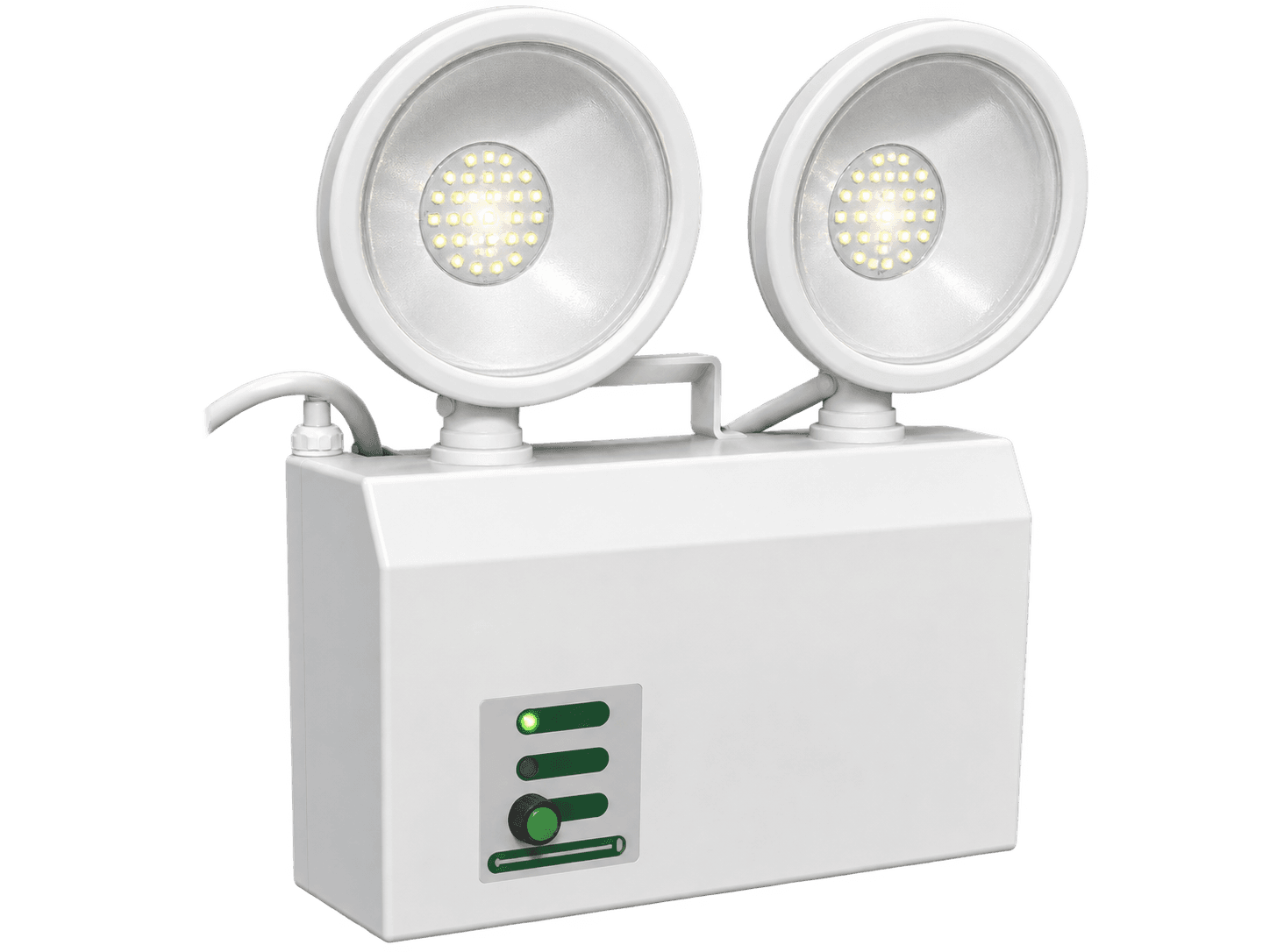 EML twin-spot emergency luminaire with two adjustable round LED heads and status-indicator front panel