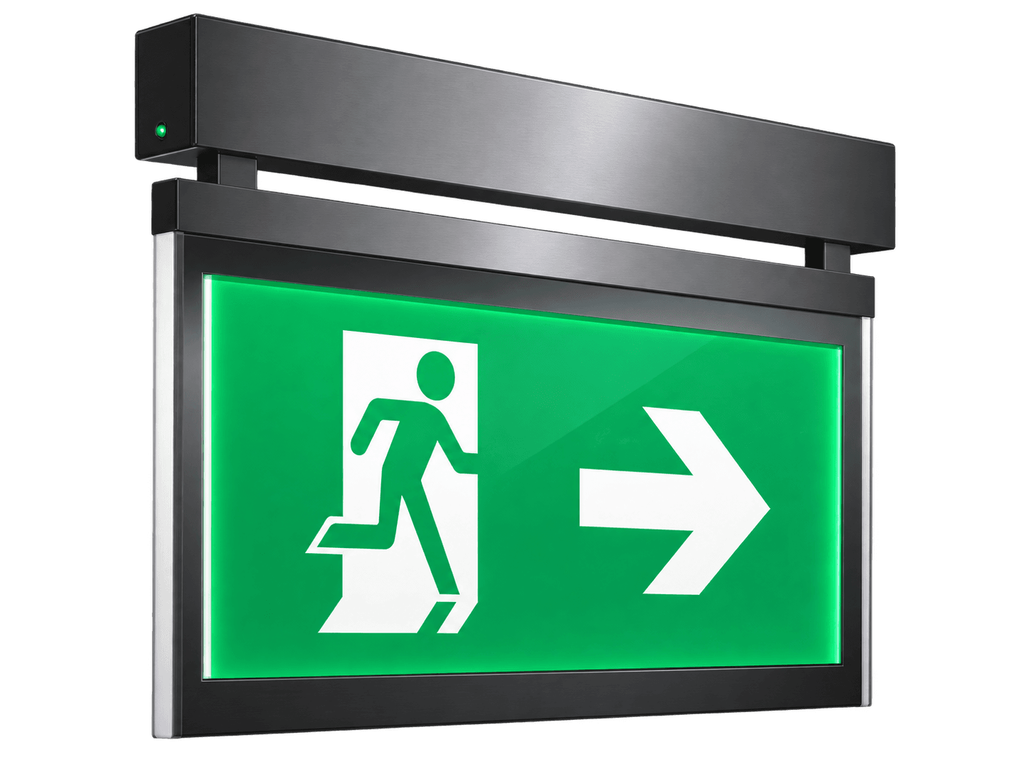 HPL LED exit and guidance sign, illuminated green pictogram, suspended ceiling bracket mounting