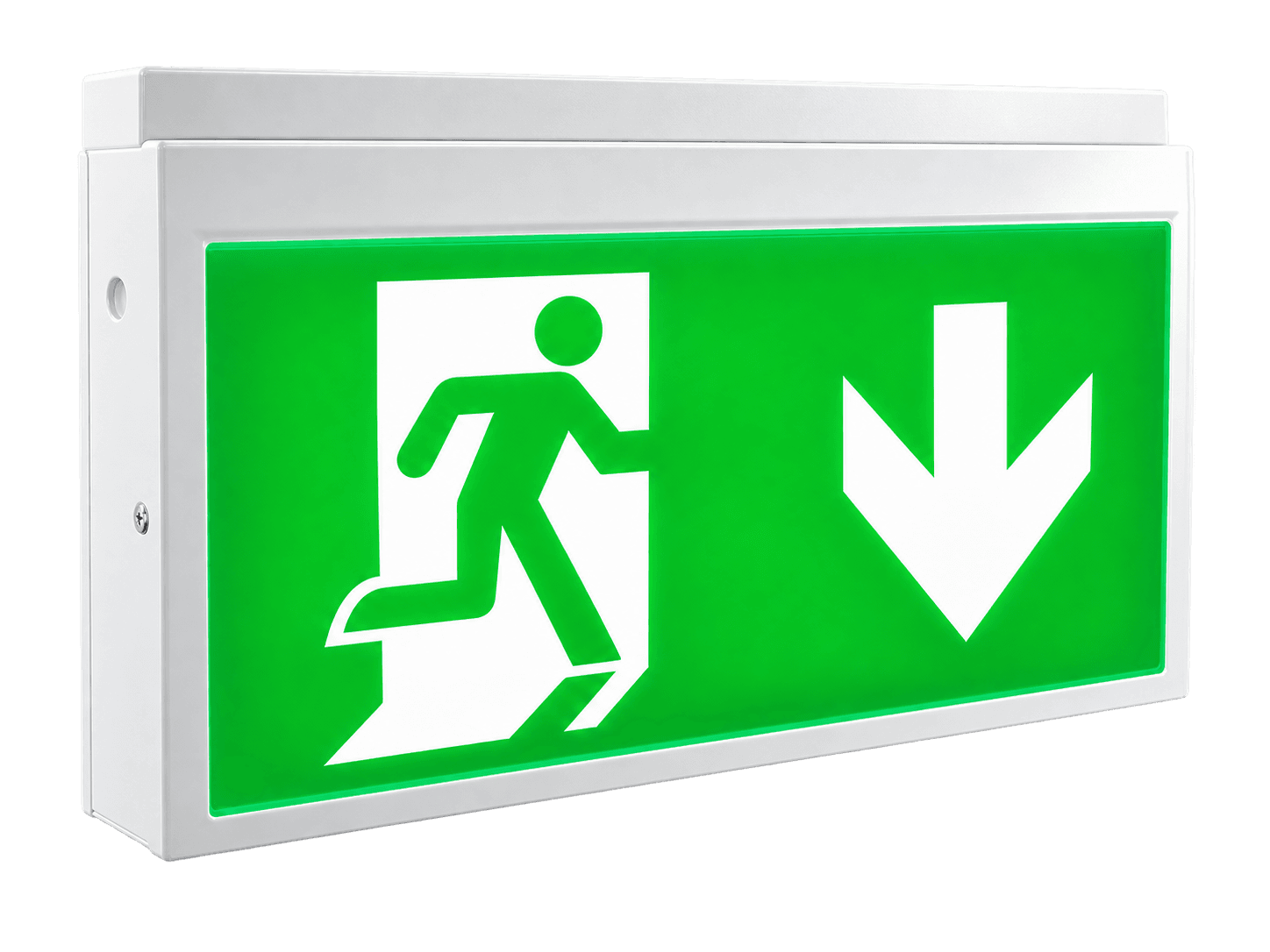 MAL LED exit sign, illuminated green pictogram with wall and ceiling mounting diagrams