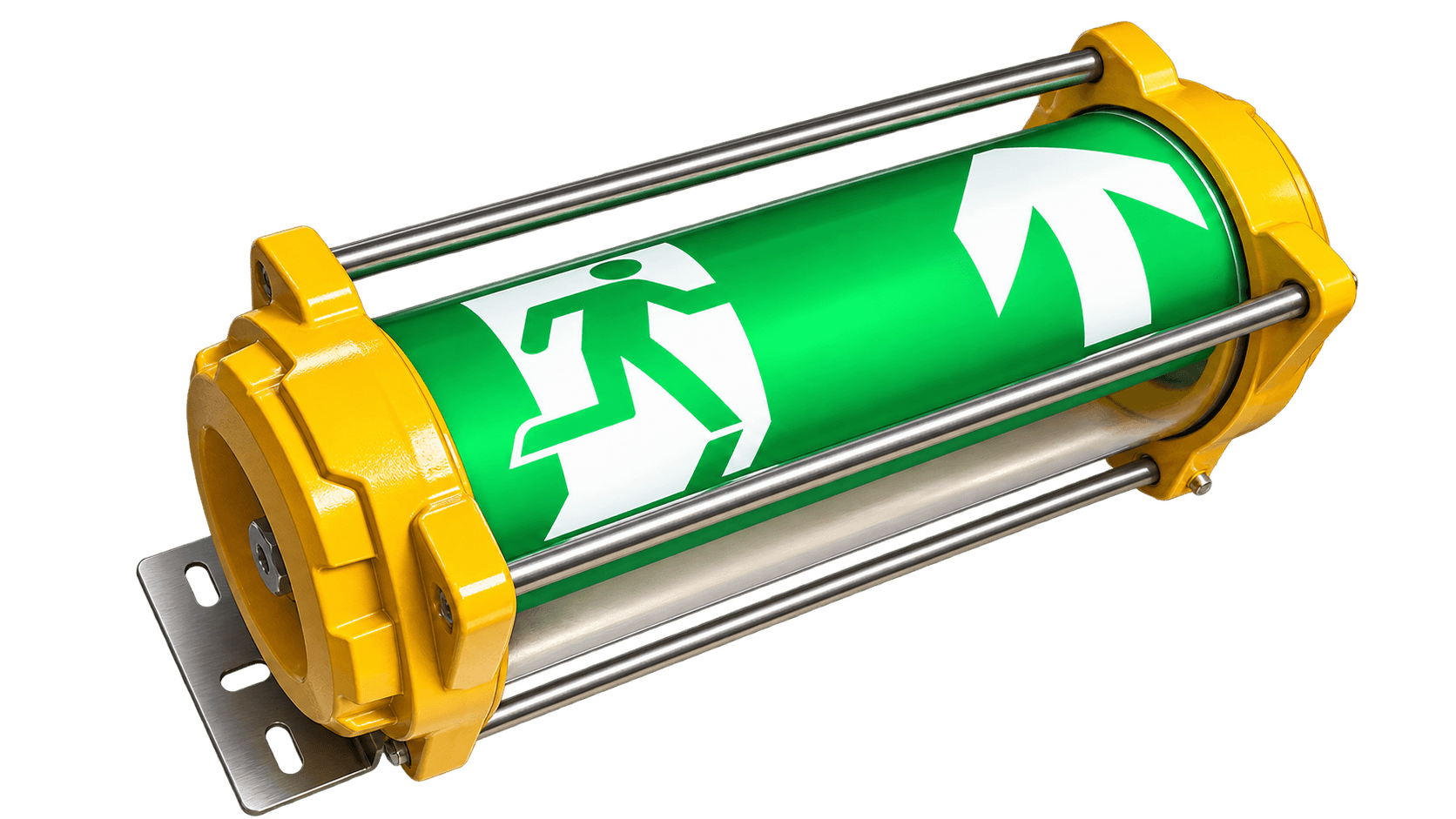 SRS LED exit and guidance sign in a rugged cylindrical cage housing with illuminated green pictogram