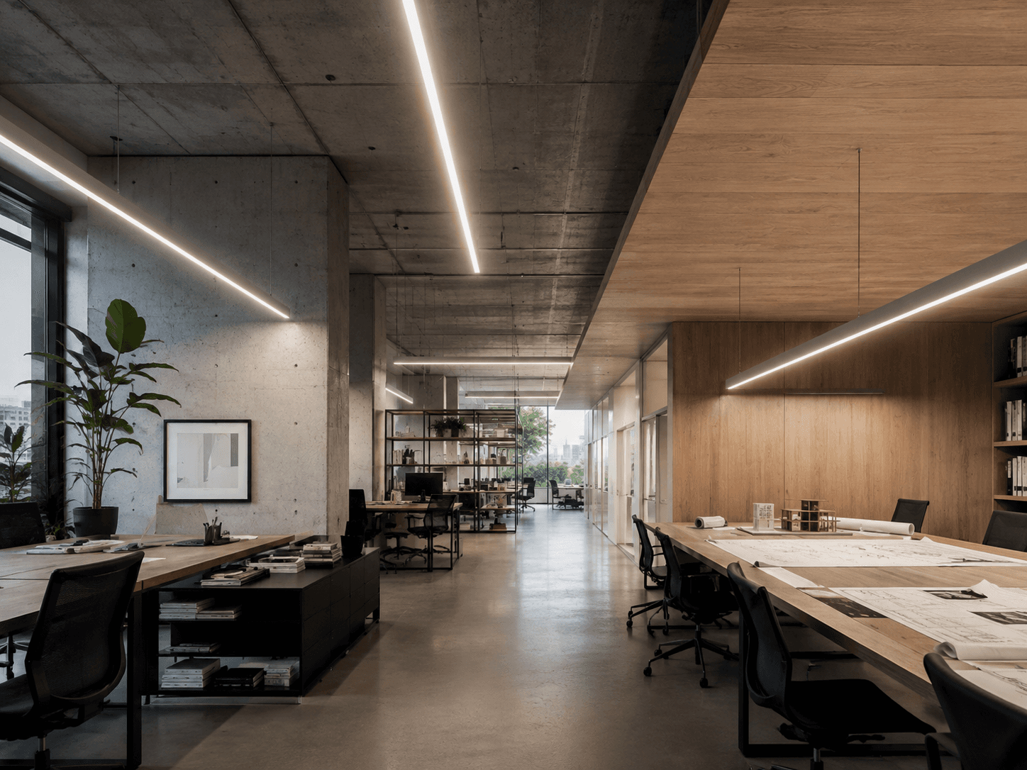 Architectural workspace illuminated by LINNER linear lighting