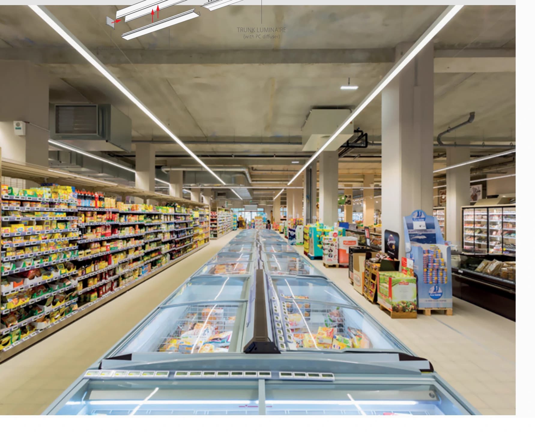 Supermarket aisles illuminated by MULTILINE 45 continuous-row lighting