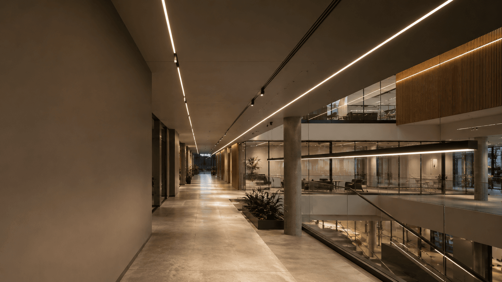 Contemporary commercial interior illuminated by continuous linear lighting