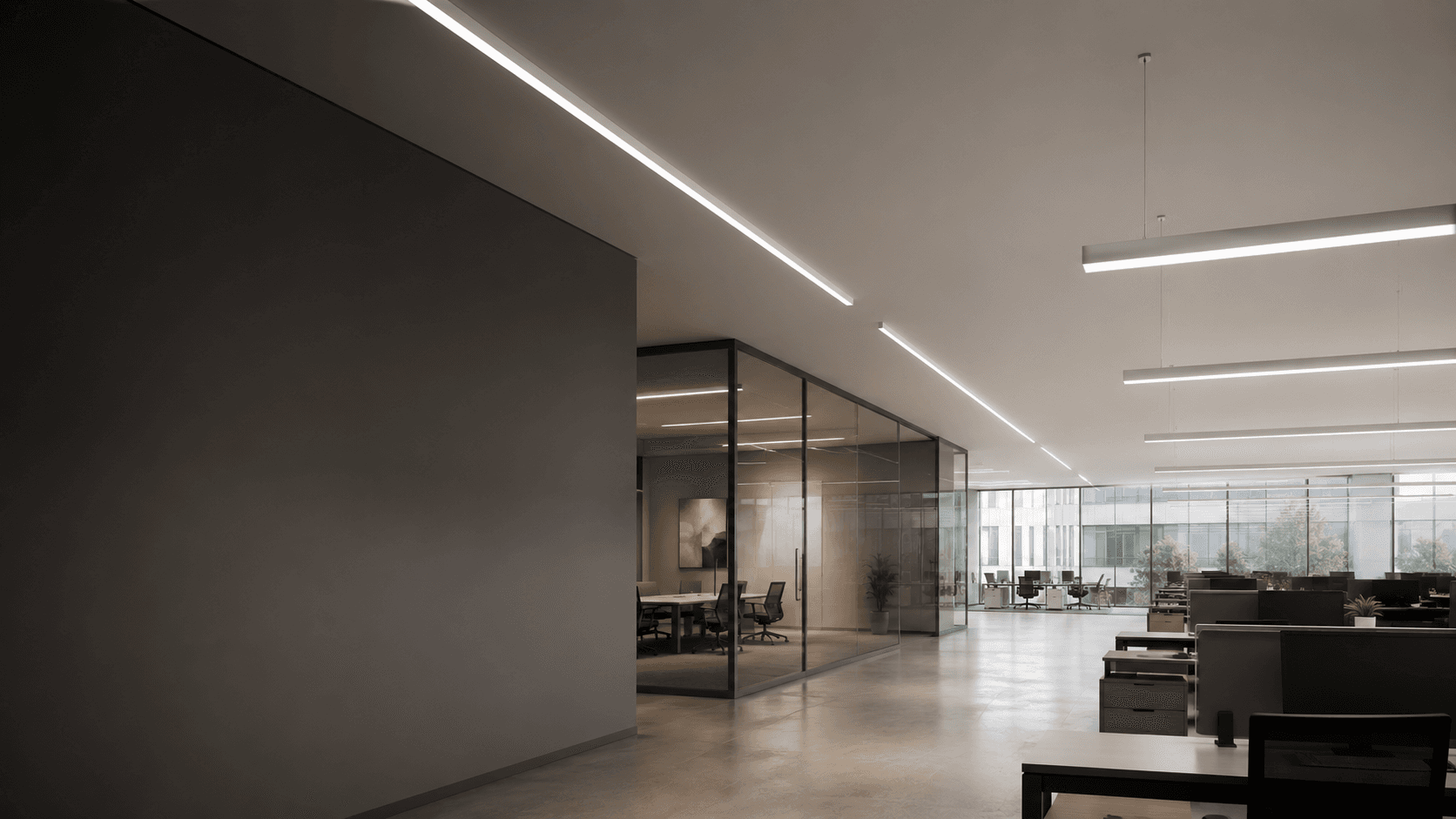 Commercial interior with continuous linear lighting