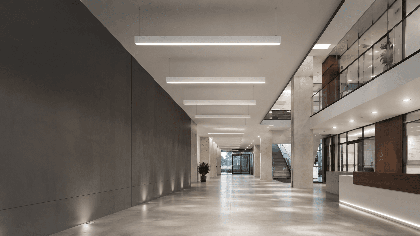 Commercial interior with continuous linear lighting