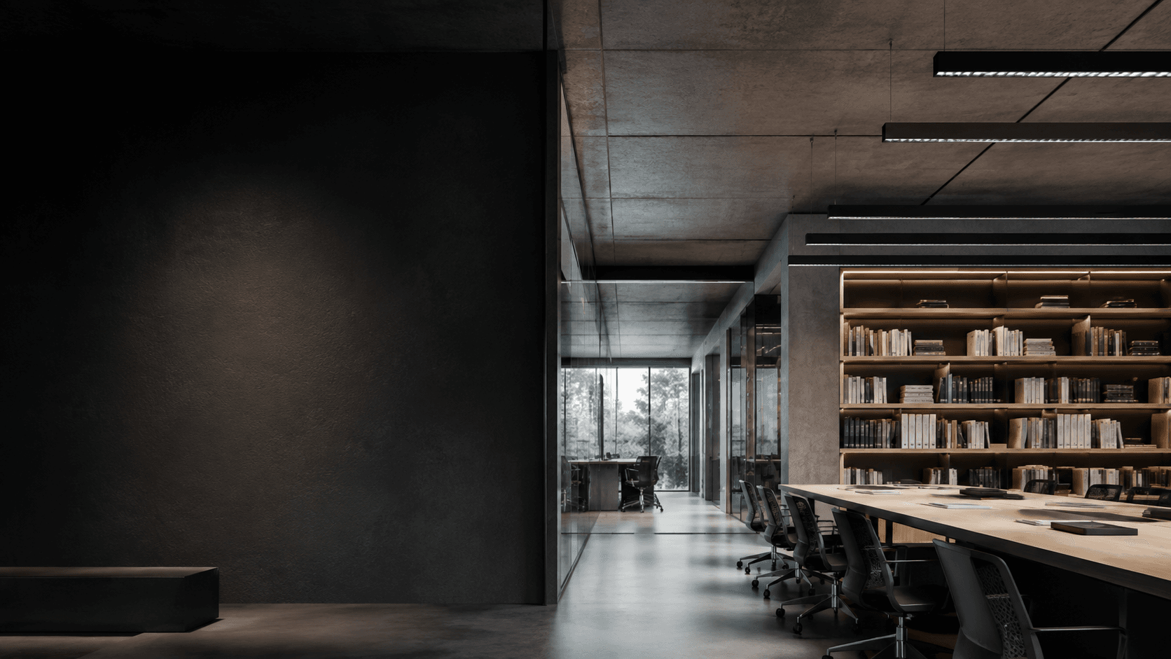 Commercial interior with continuous linear lighting