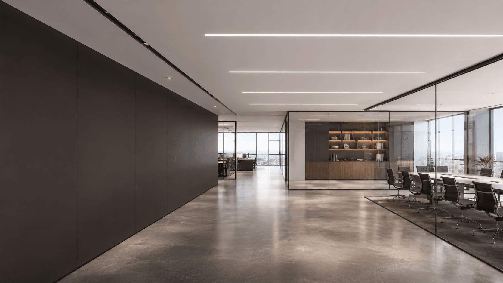 Commercial interior with continuous linear lighting