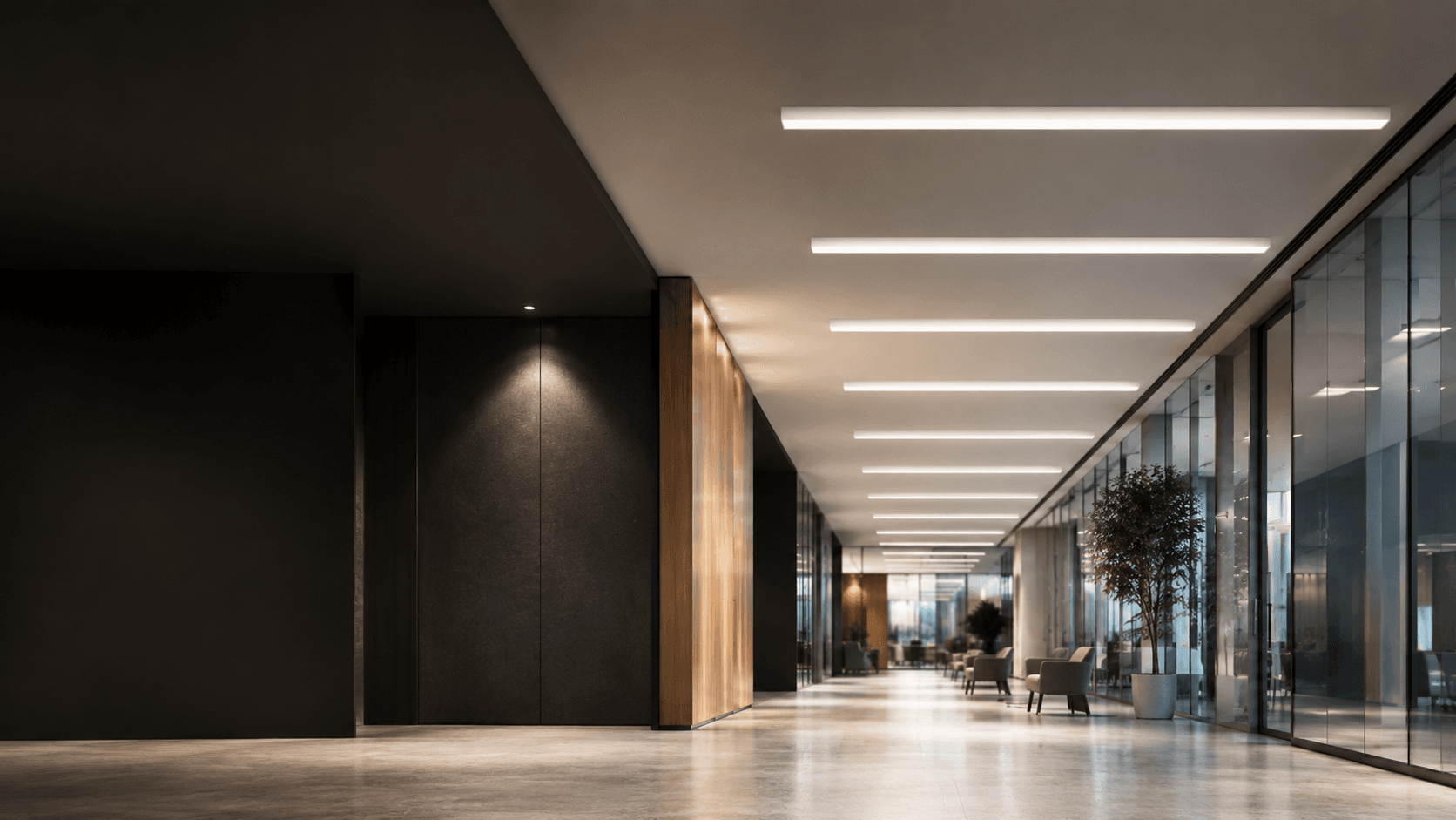 Commercial interior with continuous linear lighting