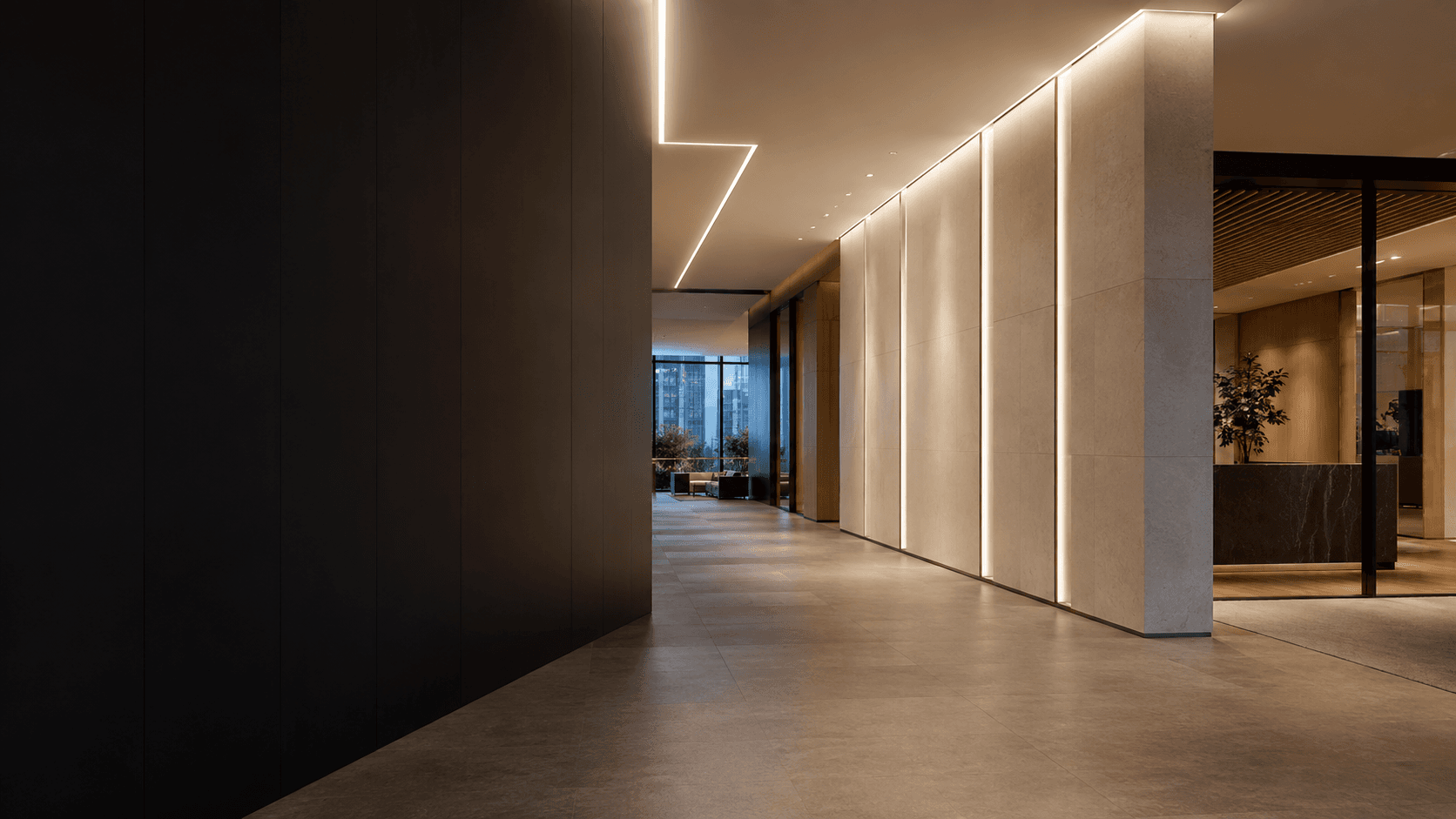 Commercial interior with continuous linear lighting