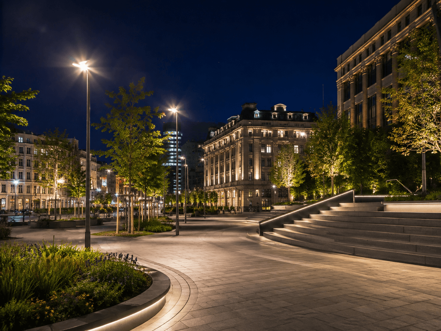 City centre illuminated by GER-LED projector lighting