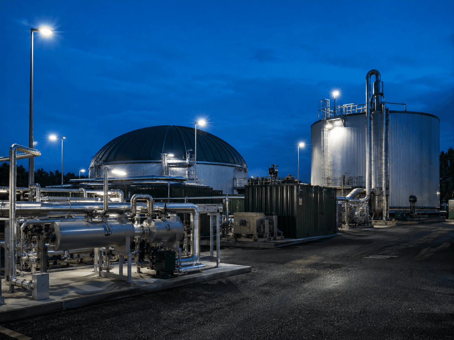 Biogas facility illuminated by durable outdoor-rated LED lighting