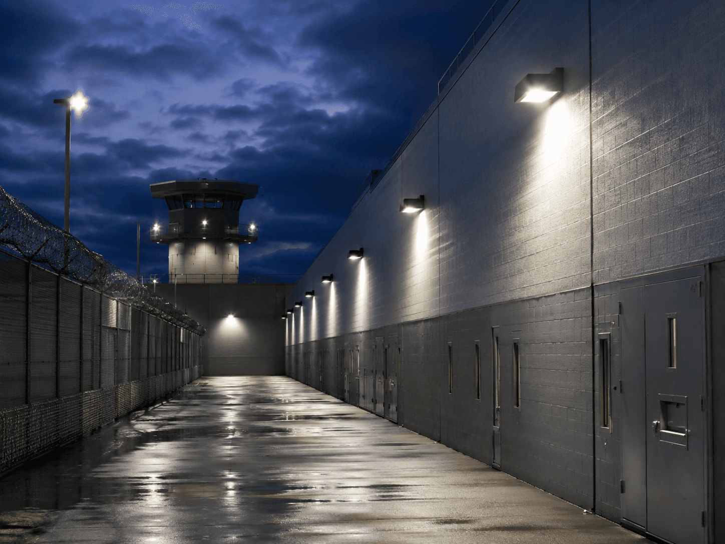 Prison facility illuminated by vandal-resistant LED lighting
